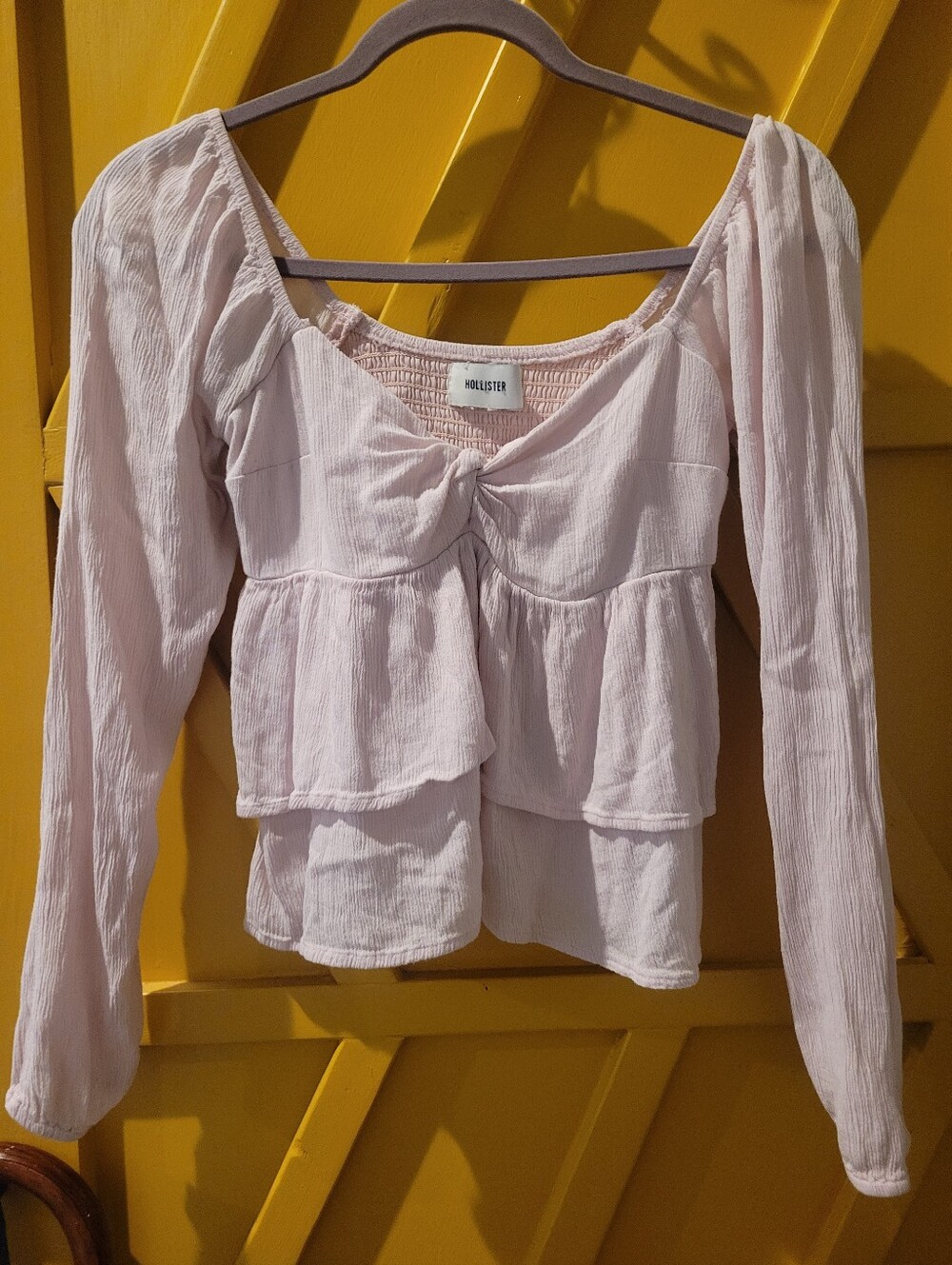 Hollister Light Pink Tiered Long-Sleeve Peplum Top with Front Twist